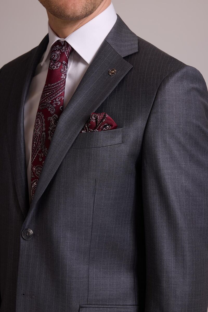 Erkek Gri Çizgili Regular Fit Mono Yaka %100 Yün Çizgili Takım Elbise - 9