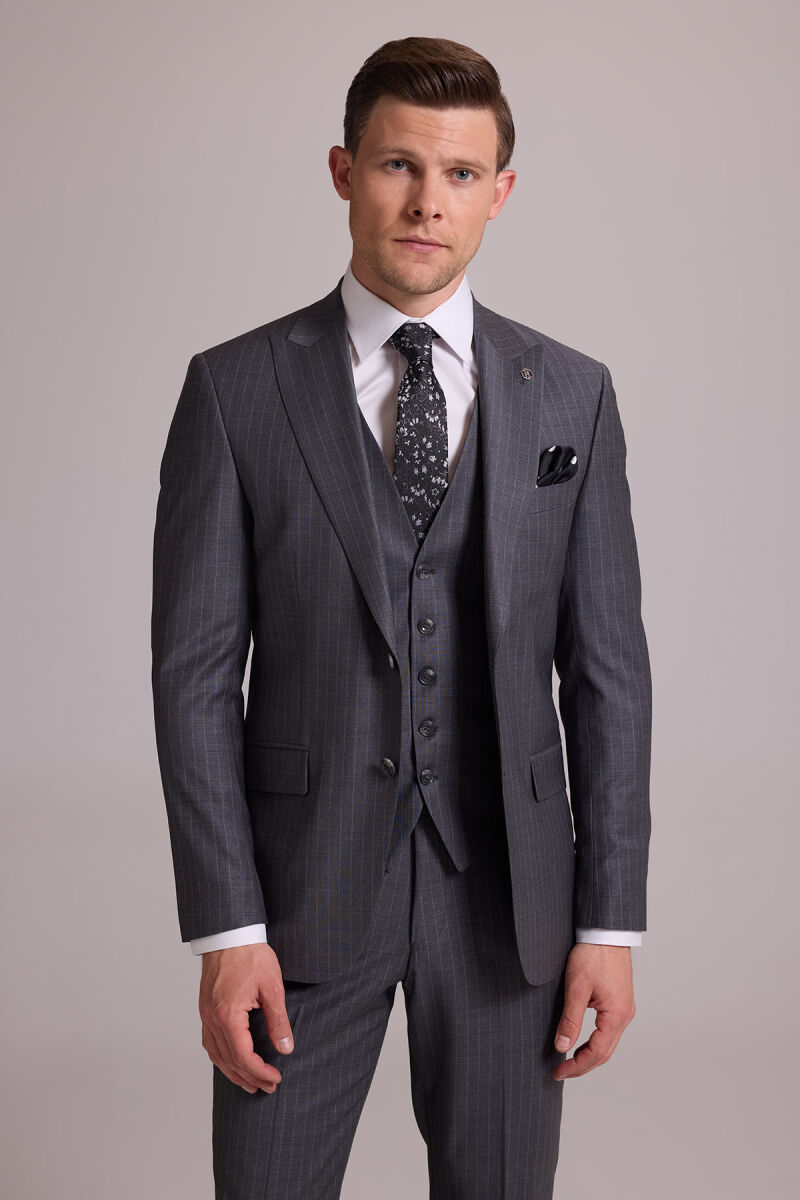 Erkek Gri Çizgili Slim Fit Çizgili Kırlangıç Yaka Yelekli Takım Elbise - 1