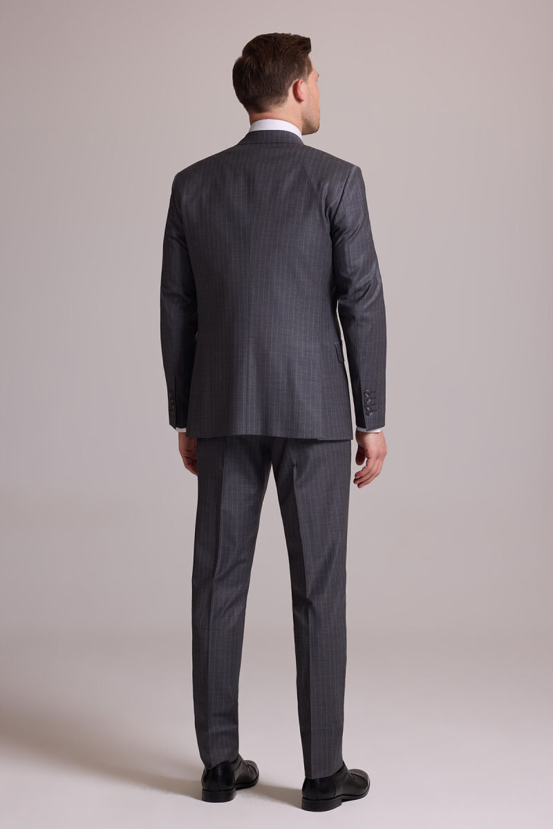 Erkek Gri Çizgili Slim Fit Çizgili Kırlangıç Yaka Yelekli Takım Elbise - 12