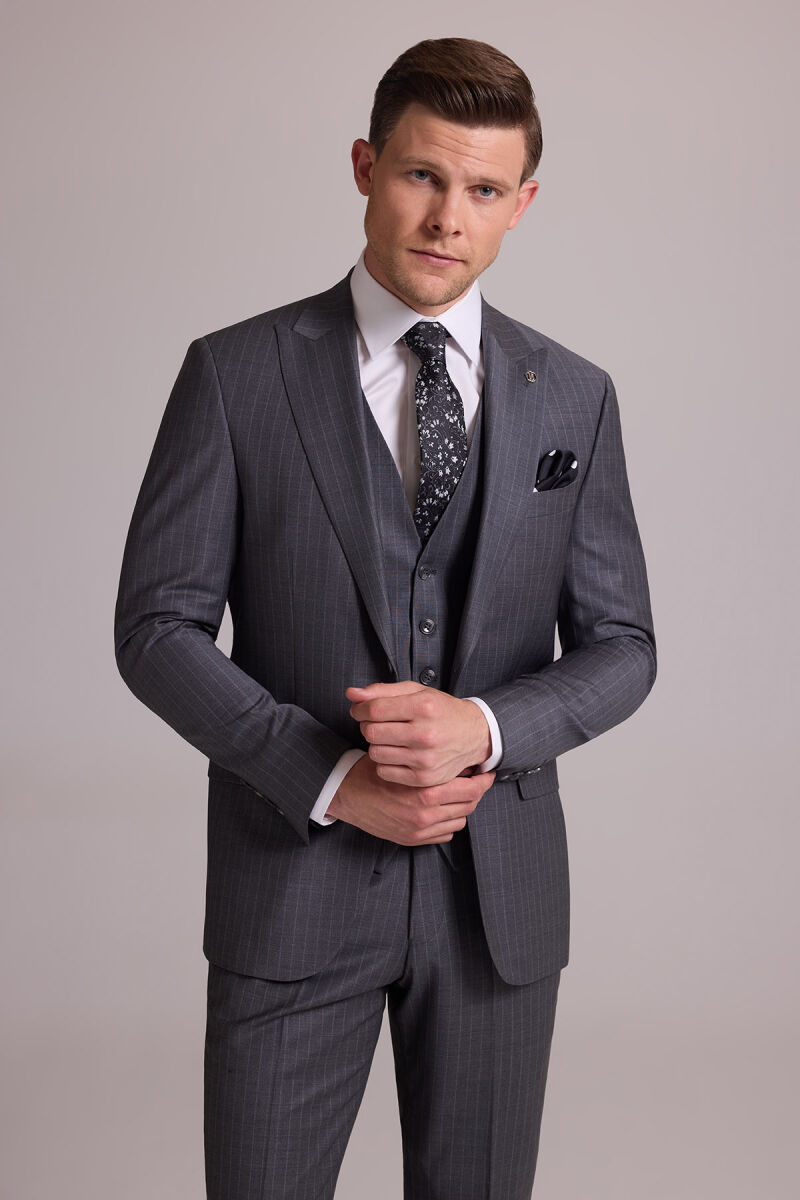 Erkek Gri Çizgili Slim Fit Çizgili Kırlangıç Yaka Yelekli Takım Elbise - 2