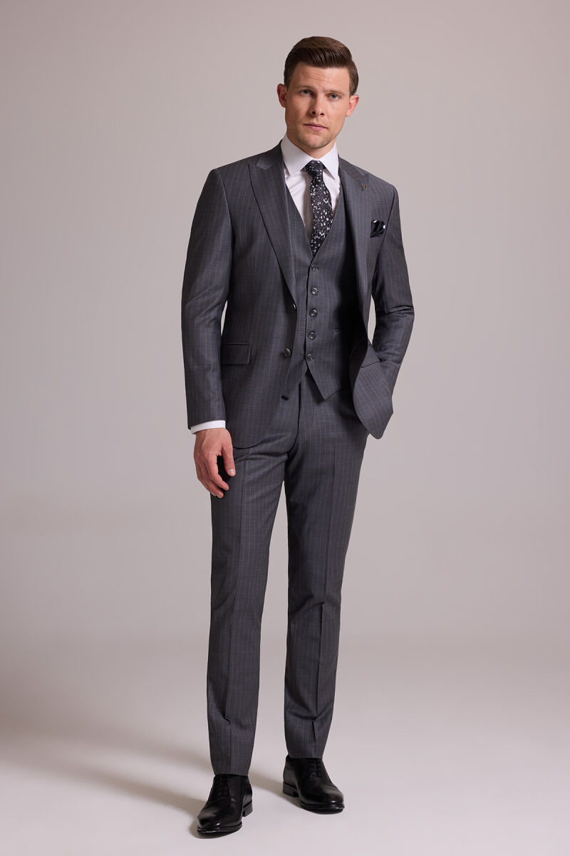 Erkek Gri Çizgili Slim Fit Çizgili Kırlangıç Yaka Yelekli Takım Elbise - 4