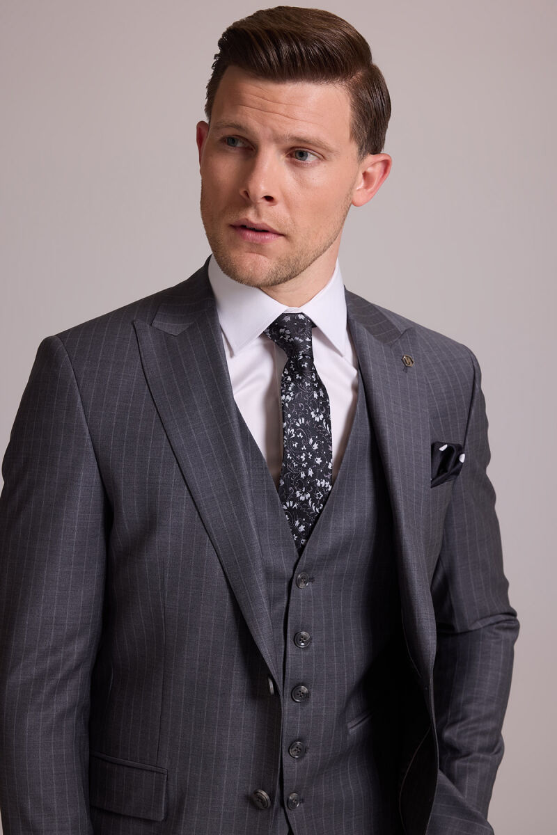 Erkek Gri Çizgili Slim Fit Çizgili Kırlangıç Yaka Yelekli Takım Elbise - 6