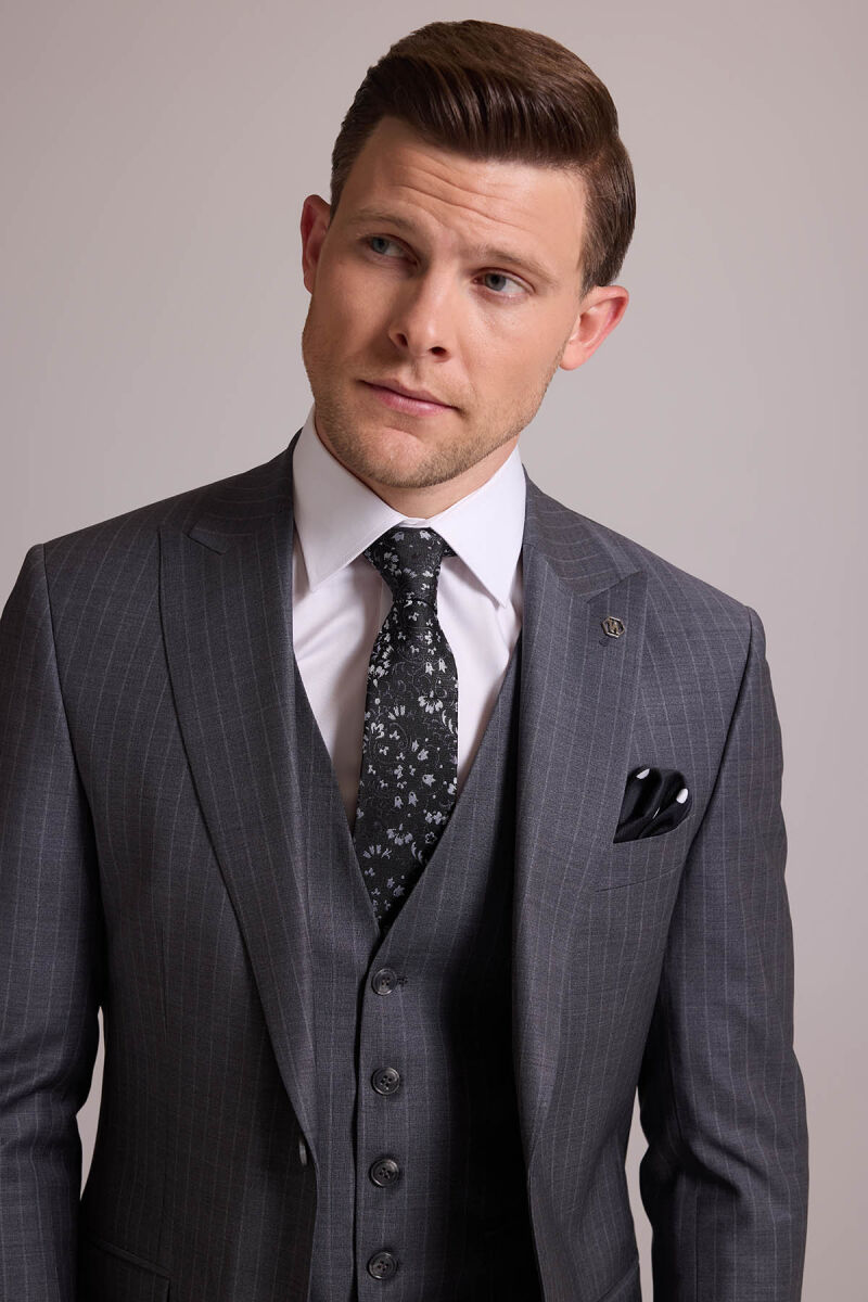 Erkek Gri Çizgili Slim Fit Çizgili Kırlangıç Yaka Yelekli Takım Elbise - 7