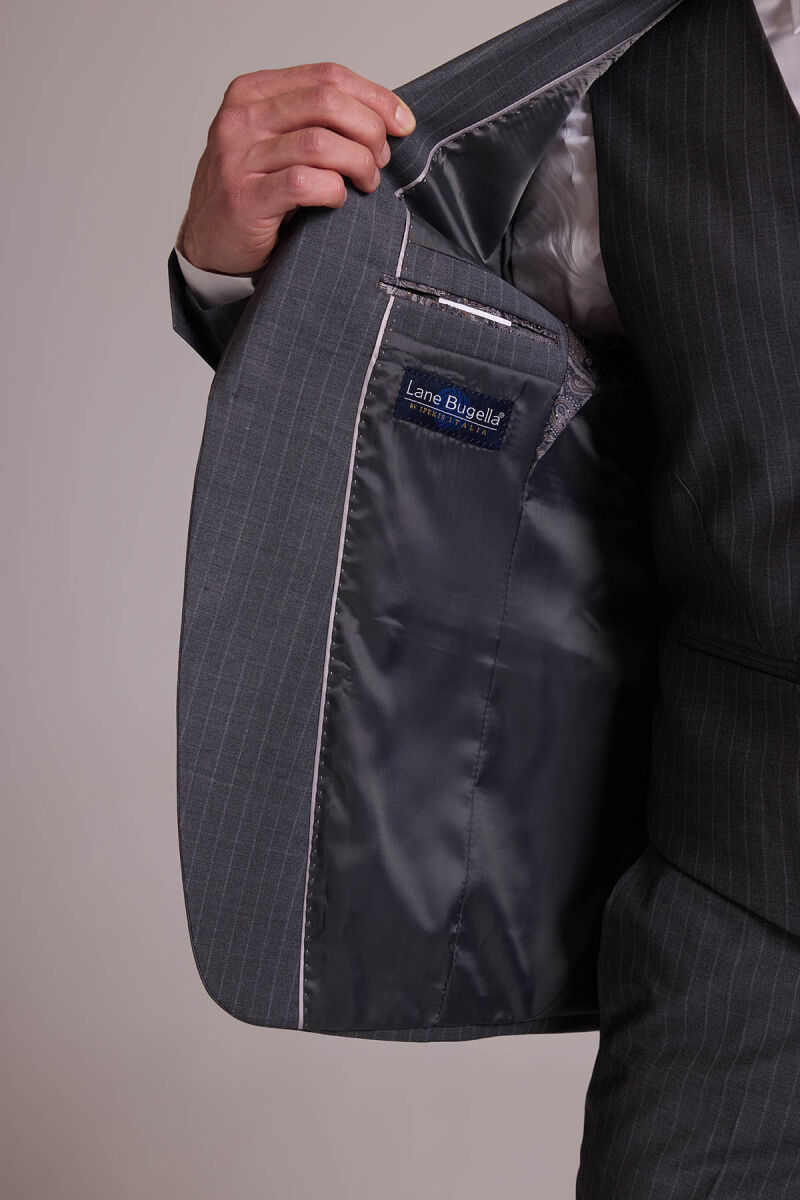 Erkek Gri Çizgili Slim Fit Çizgili Kırlangıç Yaka Yelekli Takım Elbise - 8