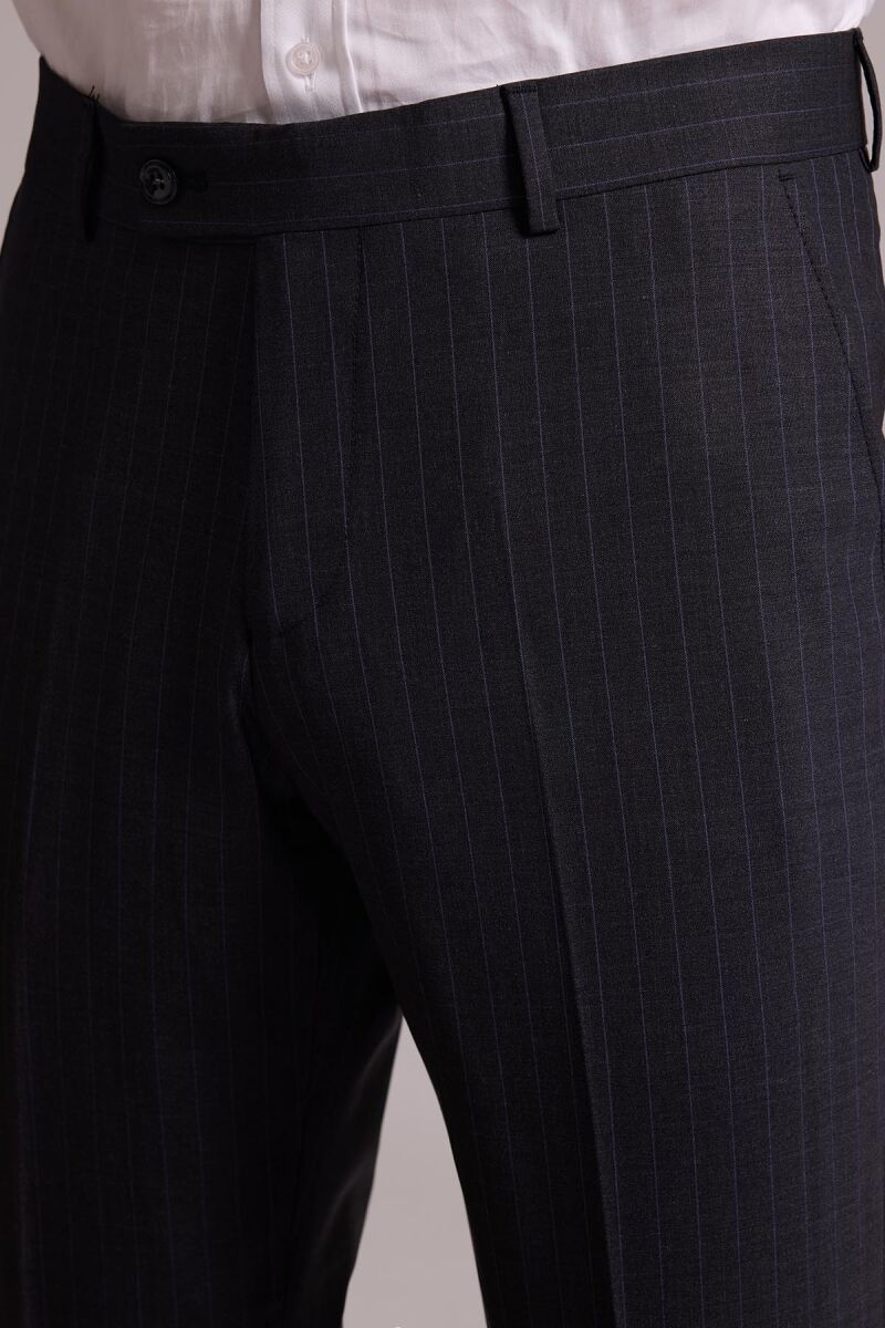 Erkek Gri Çizgili Slim Fit Sivri Yaka Kruvaze %100 Yün Takım Elbise - 10