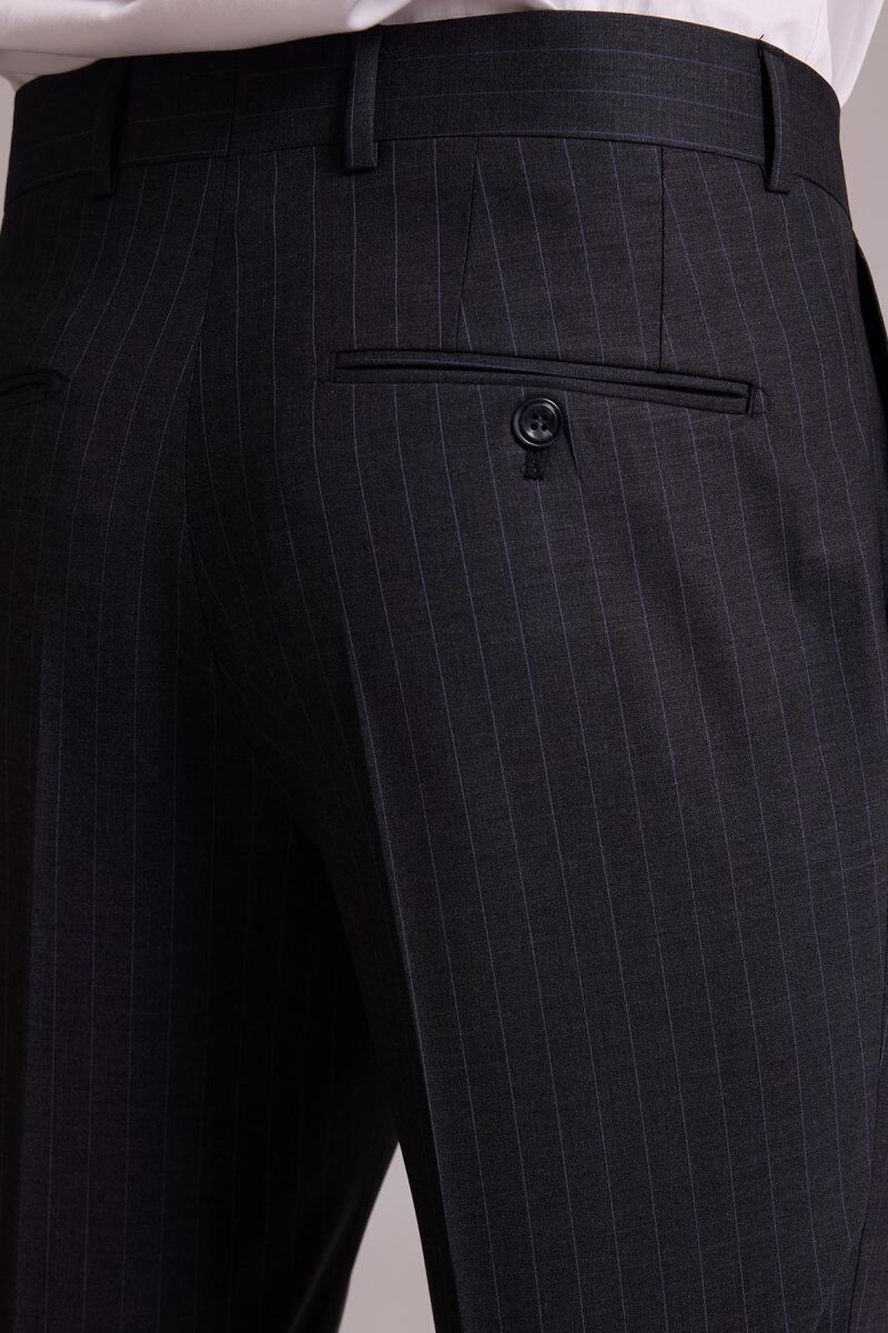 Erkek Gri Çizgili Slim Fit Sivri Yaka Kruvaze %100 Yün Takım Elbise - 11