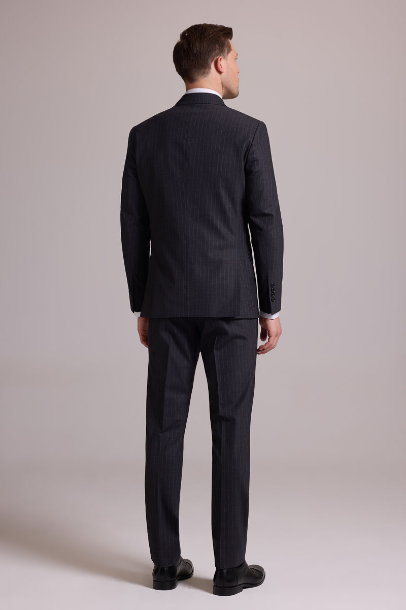 Erkek Gri Çizgili Slim Fit Sivri Yaka Kruvaze %100 Yün Takım Elbise - 12
