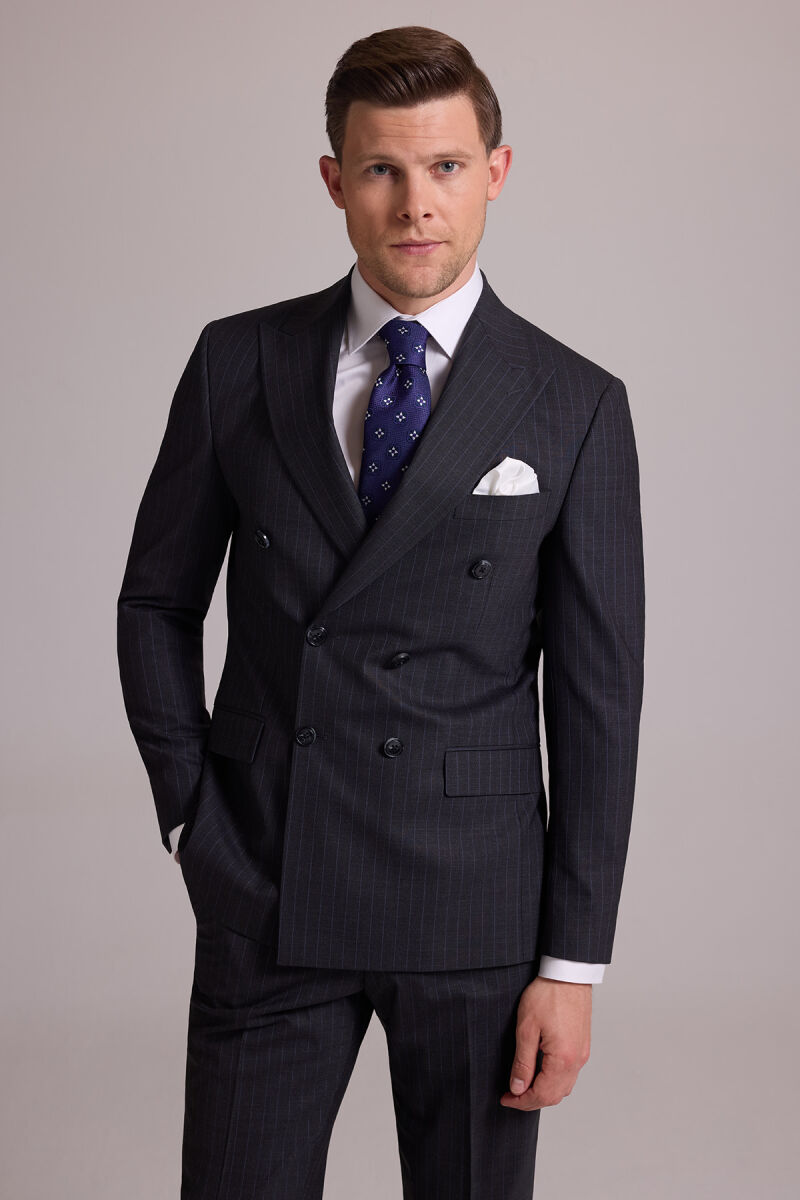Erkek Gri Çizgili Slim Fit Sivri Yaka Kruvaze %100 Yün Takım Elbise - 2