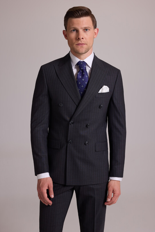 Erkek Gri Çizgili Slim Fit Sivri Yaka Kruvaze %100 Yün Takım Elbise