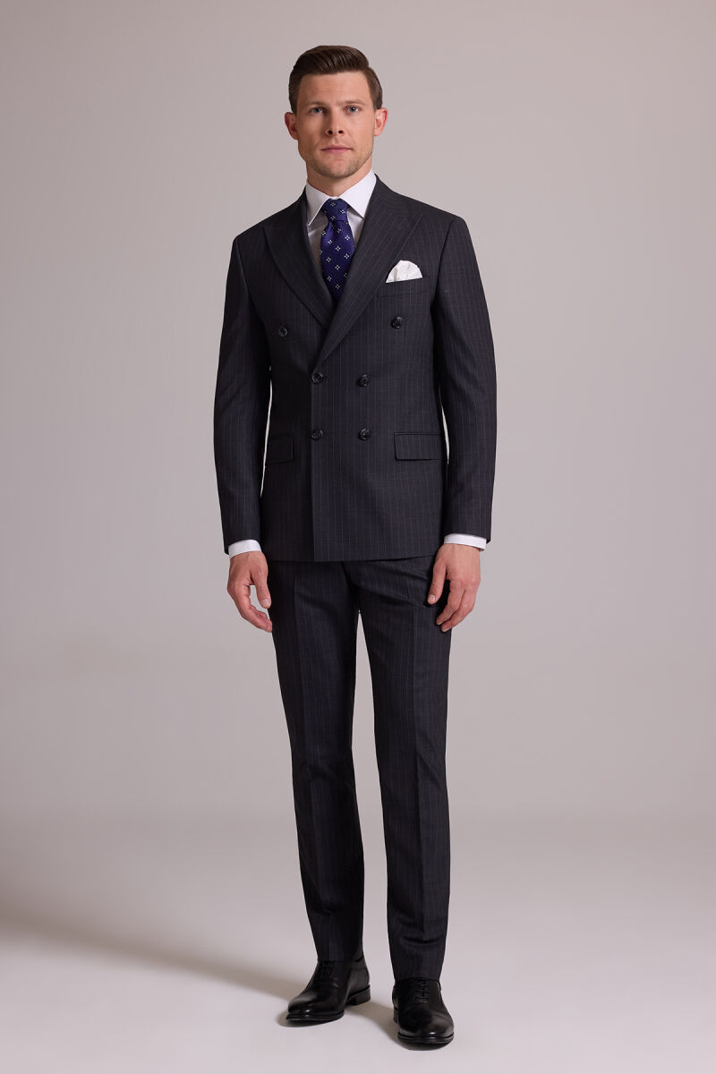 Erkek Gri Çizgili Slim Fit Sivri Yaka Kruvaze %100 Yün Takım Elbise - 5
