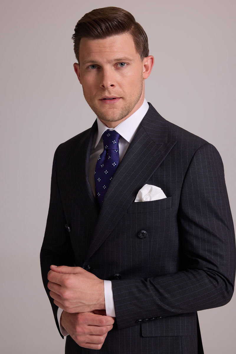 Erkek Gri Çizgili Slim Fit Sivri Yaka Kruvaze %100 Yün Takım Elbise - 6