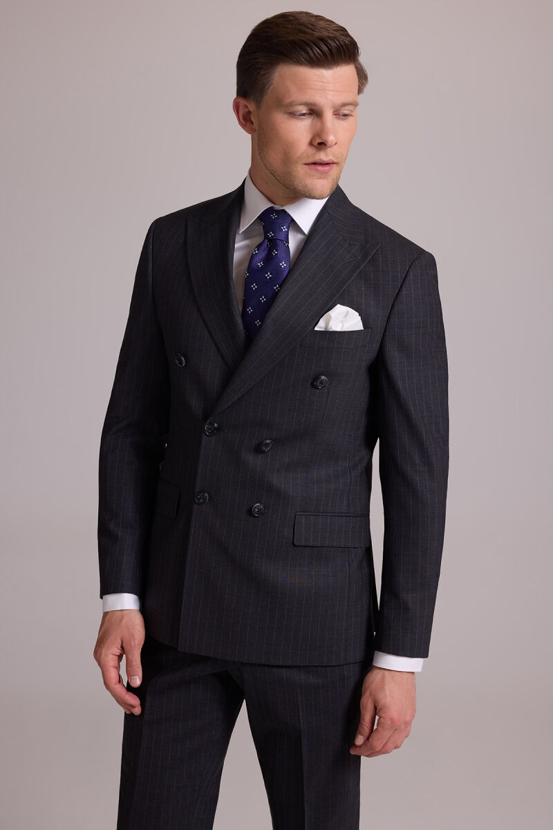 Erkek Gri Çizgili Slim Fit Sivri Yaka Kruvaze %100 Yün Takım Elbise - 7