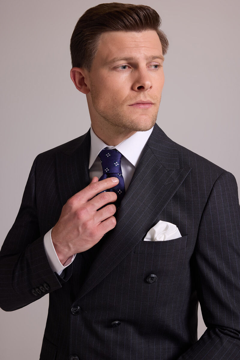 Erkek Gri Çizgili Slim Fit Sivri Yaka Kruvaze %100 Yün Takım Elbise - 8