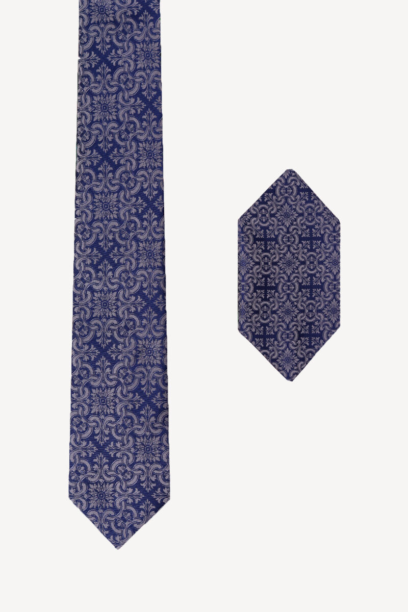 Erkek Gri Desenli Kravat Mendil Set - 1