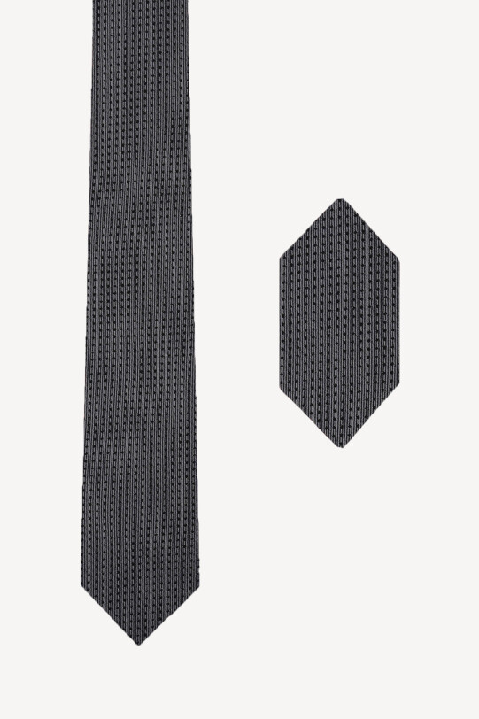 Erkek Gri Desenli Kravat Mendil Set - YSF