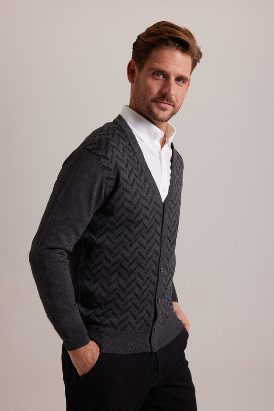 Erkek Gri Desenli Triko Hırka