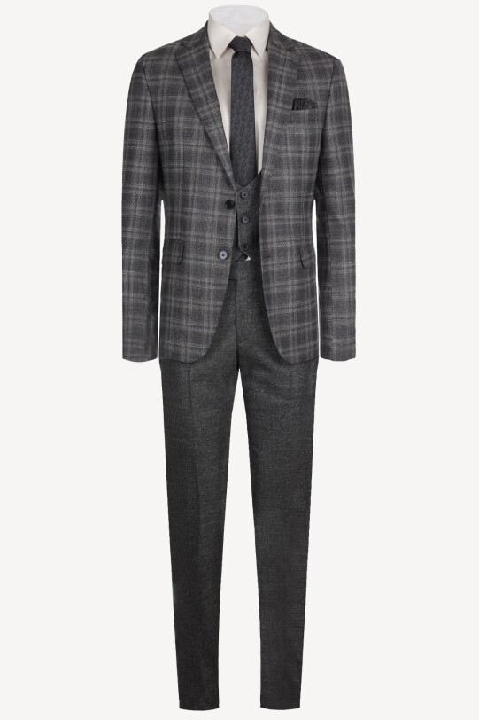 Erkek Gri Kahve Yelekli Ekose Regular Fit Takım Elbise
