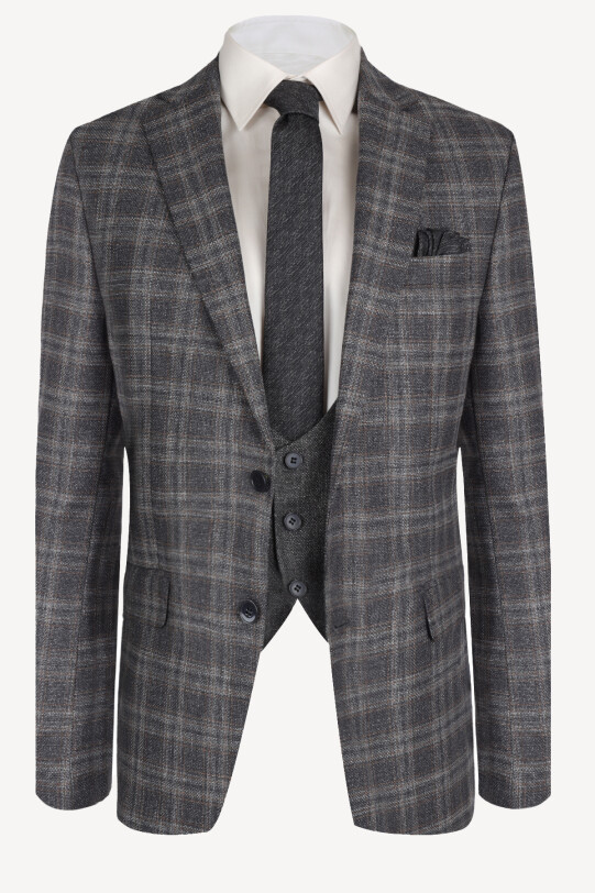Erkek Gri Kahve Yelekli Ekose Regular Fit Takım Elbise