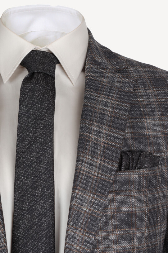 Erkek Gri Kahve Yelekli Ekose Regular Fit Takım Elbise