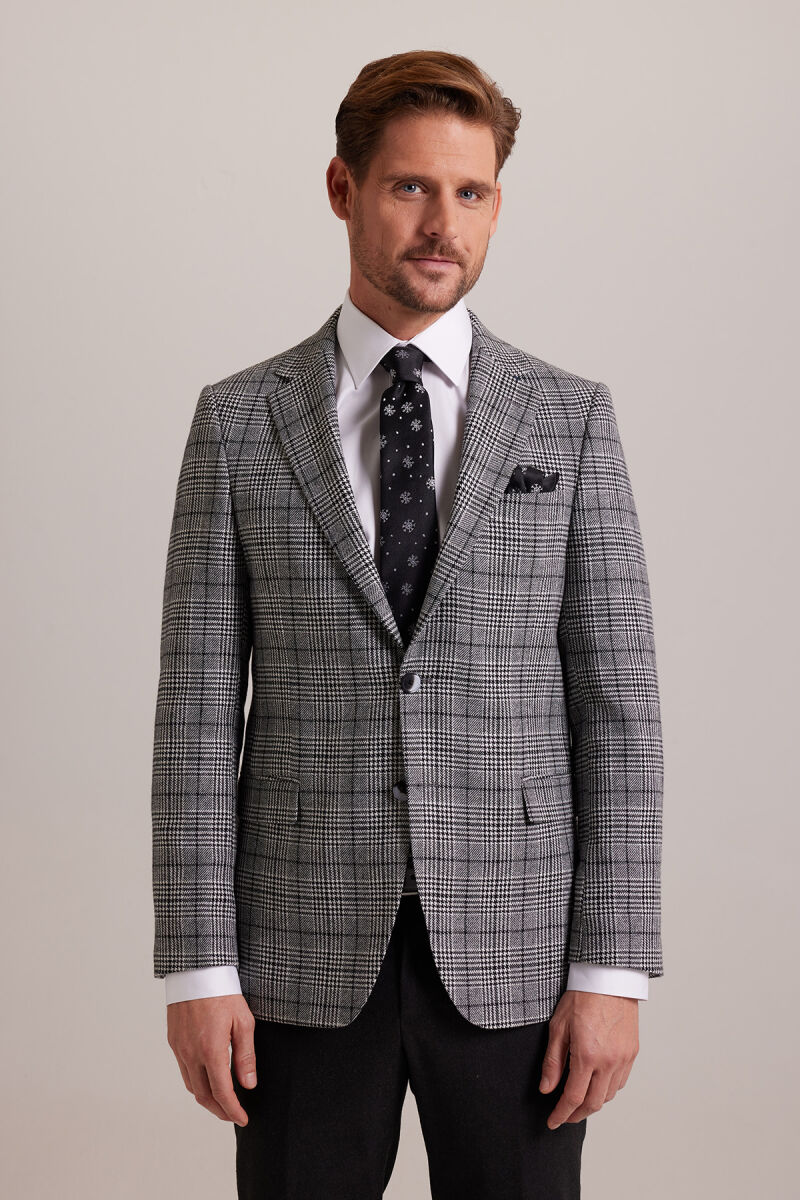 Erkek Gri Kışlık Yünlü Regular Fit Ekose Desenli Tek Ceket - 1