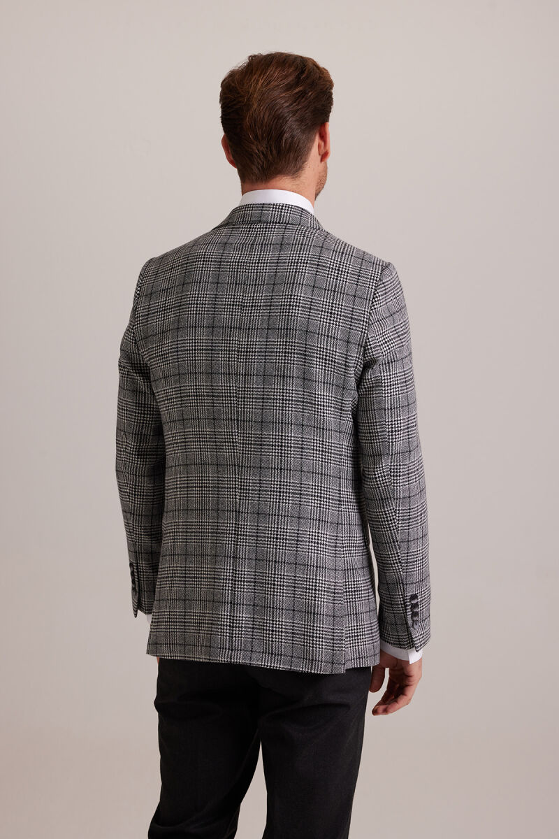 Erkek Gri Kışlık Yünlü Regular Fit Ekose Desenli Tek Ceket - 8
