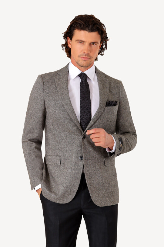 Erkek Gri Kışlık Yünlü Regular Fit Tek Ceket