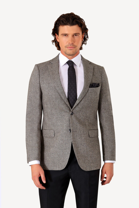 Erkek Gri Kışlık Yünlü Regular Fit Tek Ceket