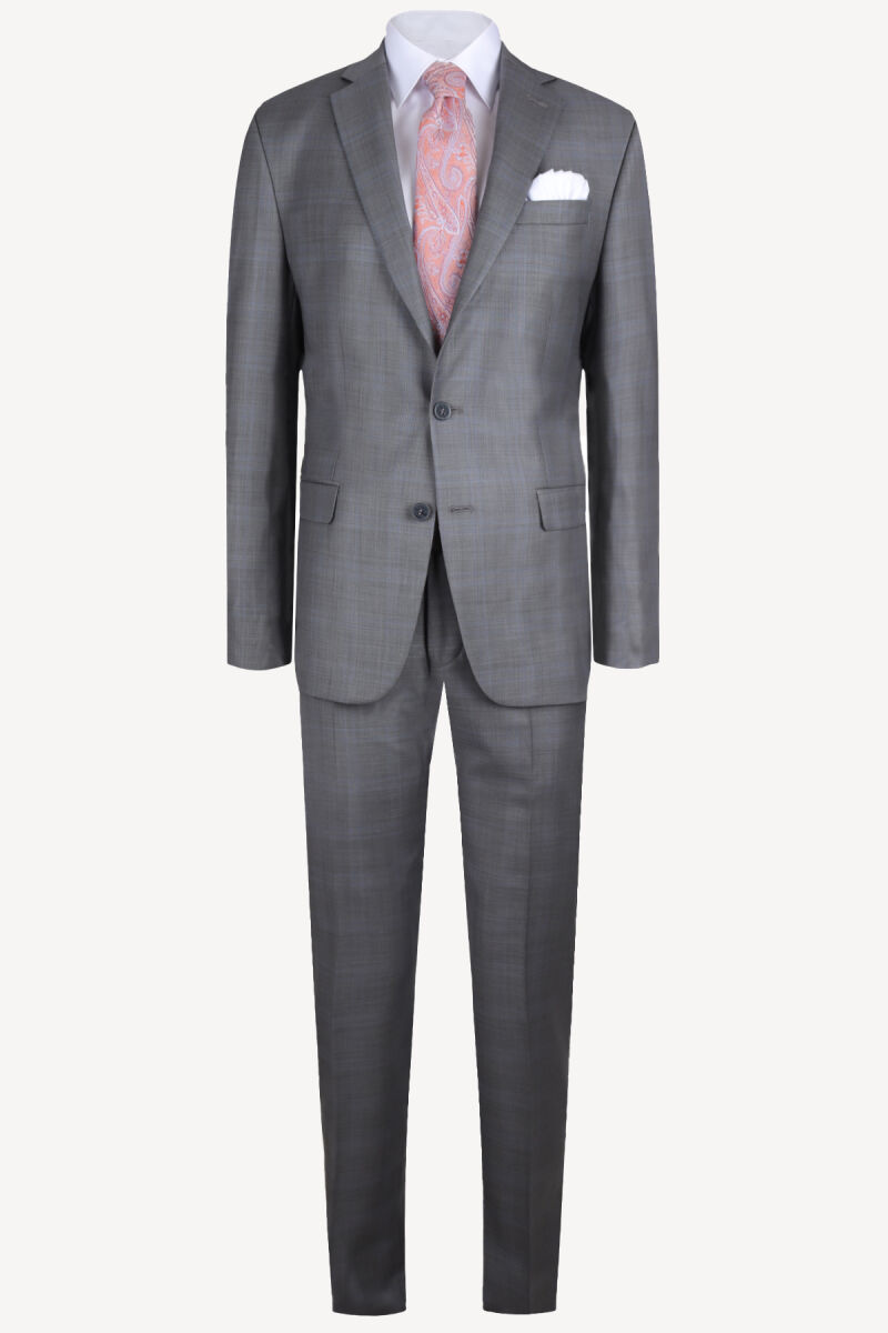 Erkek Gri Klasik %100 Yün Çizgili Takım Elbise - 1