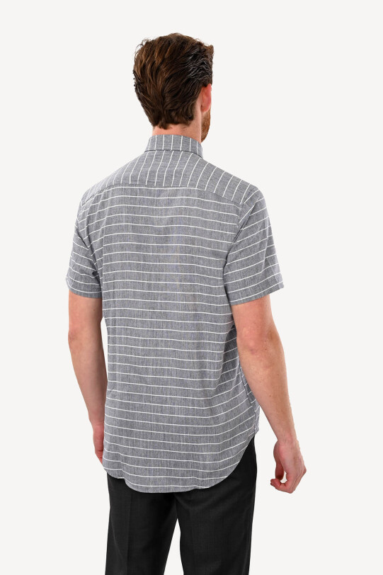 Erkek Gri Klasik Çizgili Keten Gömlek