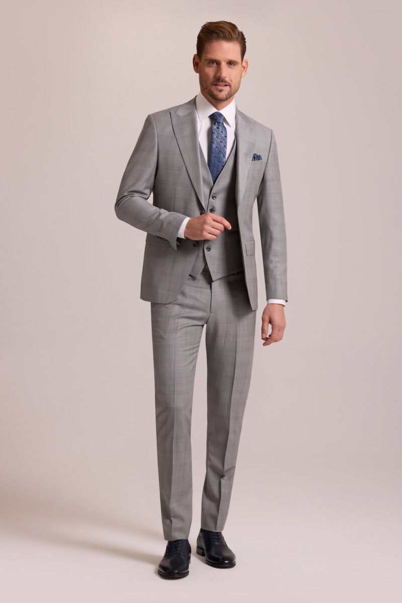 Erkek Gri Krem Slim Fit Sivri Yaka Yelekli Yün Kareli Takım Elbise - 1