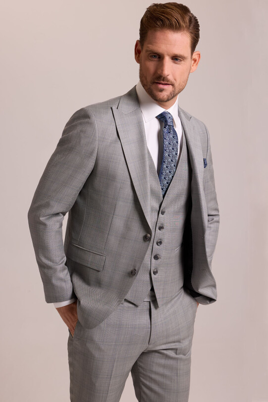 Erkek Gri Krem Slim Fit Sivri Yaka Yelekli Yün Kareli Takım Elbise