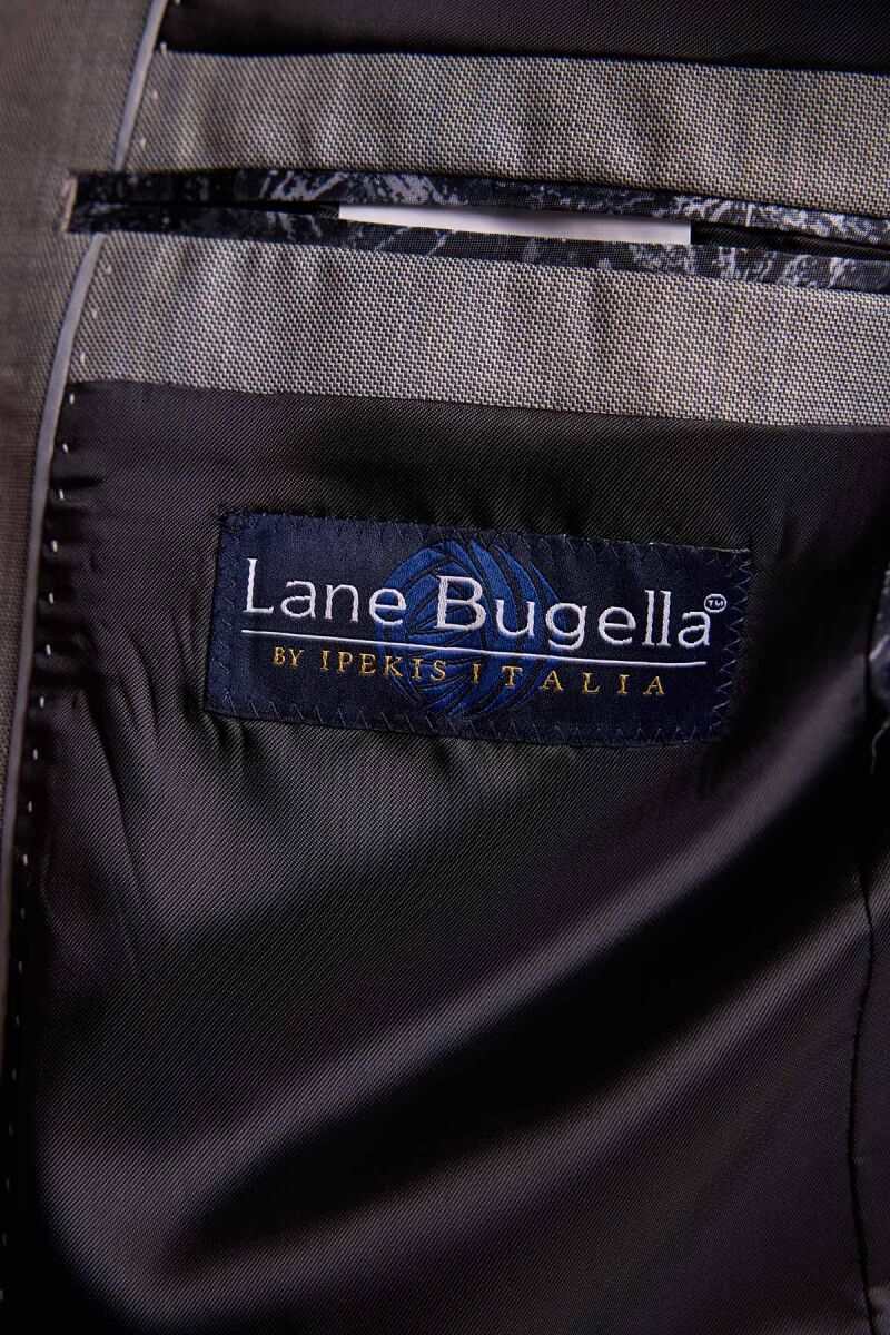 Erkek Gri Krem Slim Fit Sivri Yaka Yelekli Yün Kareli Takım Elbise - 5