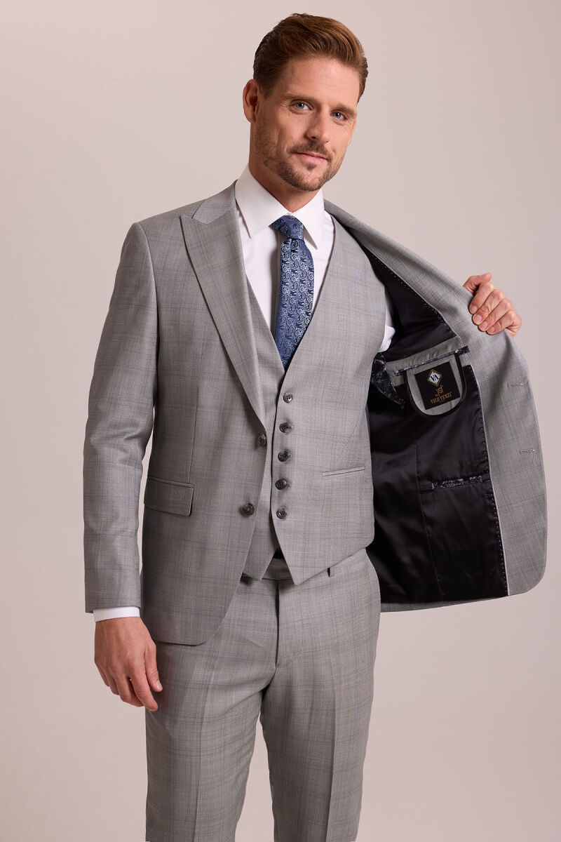 Erkek Gri Krem Slim Fit Sivri Yaka Yelekli Yün Kareli Takım Elbise - 6
