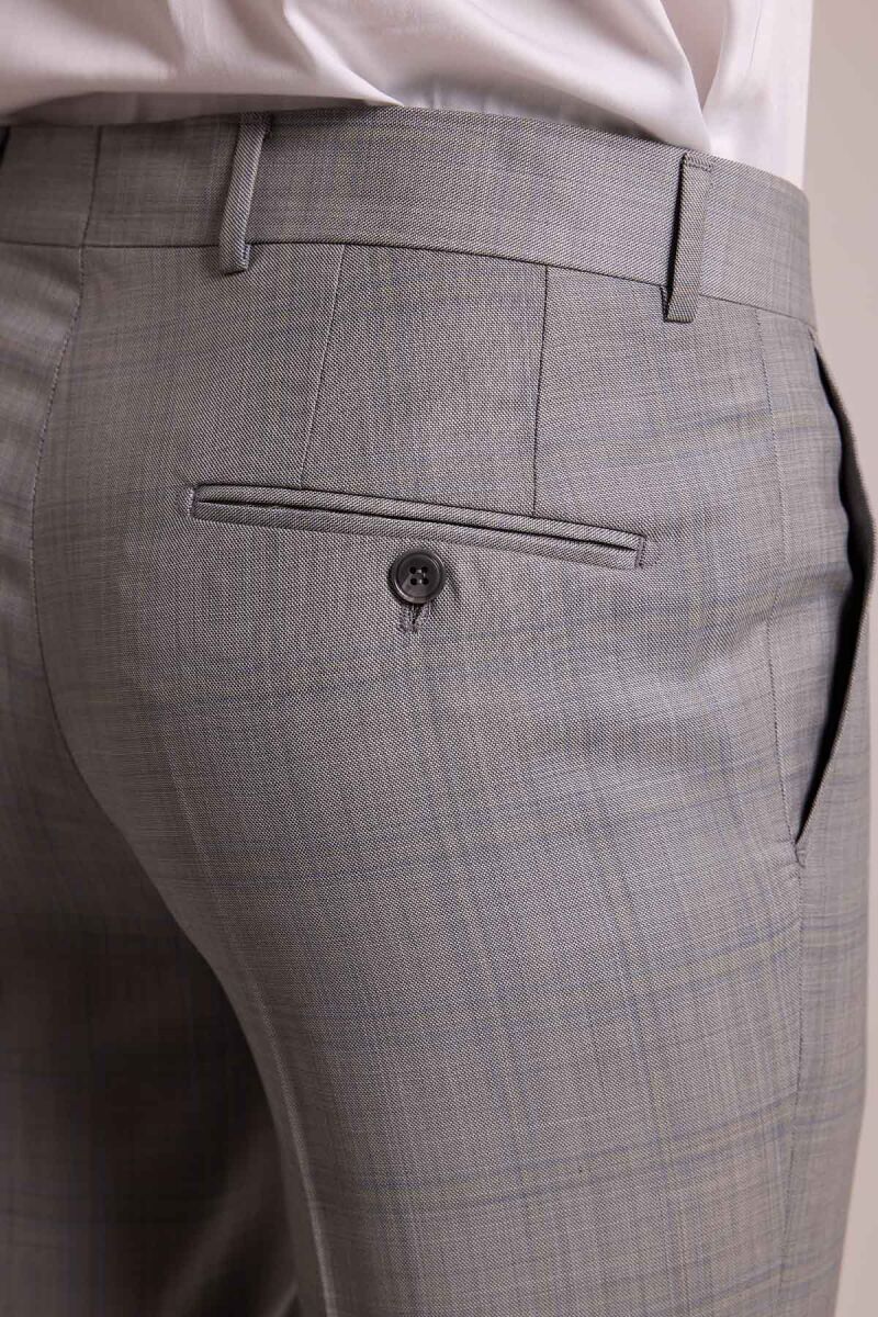 Erkek Gri Krem Slim Fit Sivri Yaka Yelekli Yün Kareli Takım Elbise - 7