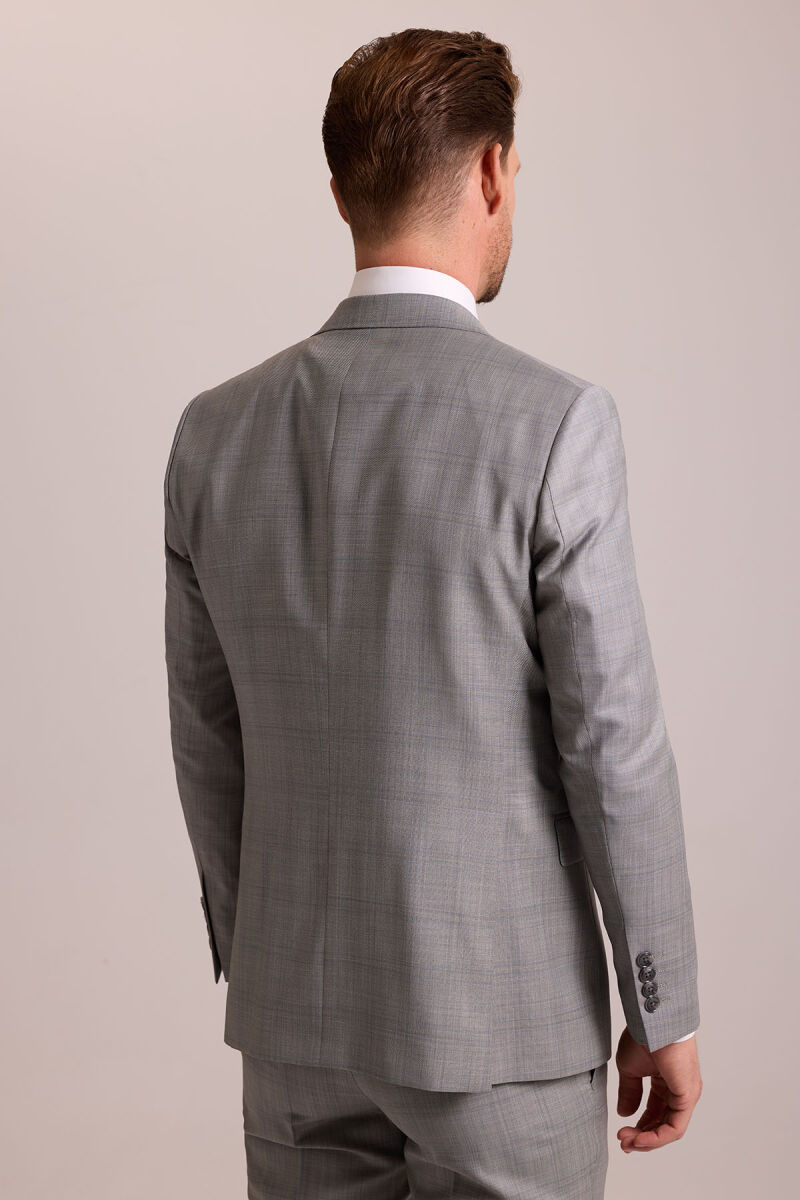Erkek Gri Krem Slim Fit Sivri Yaka Yelekli Yün Kareli Takım Elbise - 8