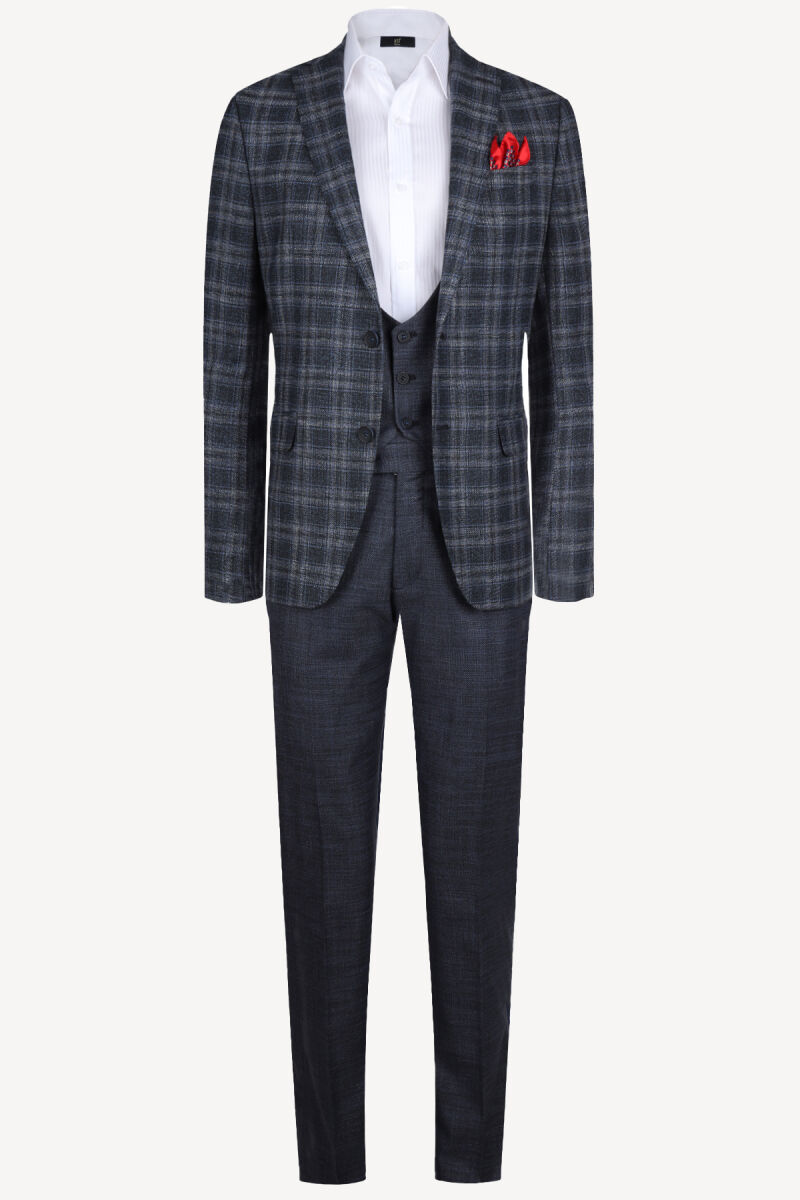 Erkek Gri Lacivert Ekose Yelekli Slim Fit Takım Elbise - 1