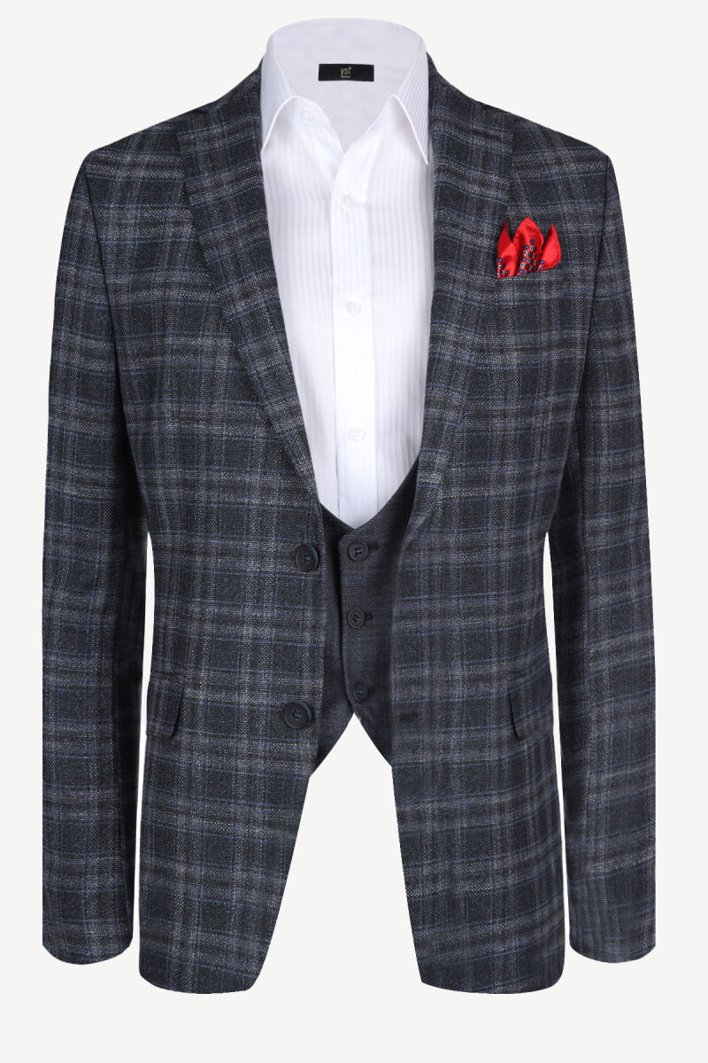 Erkek Gri Lacivert Ekose Yelekli Slim Fit Takım Elbise - 2