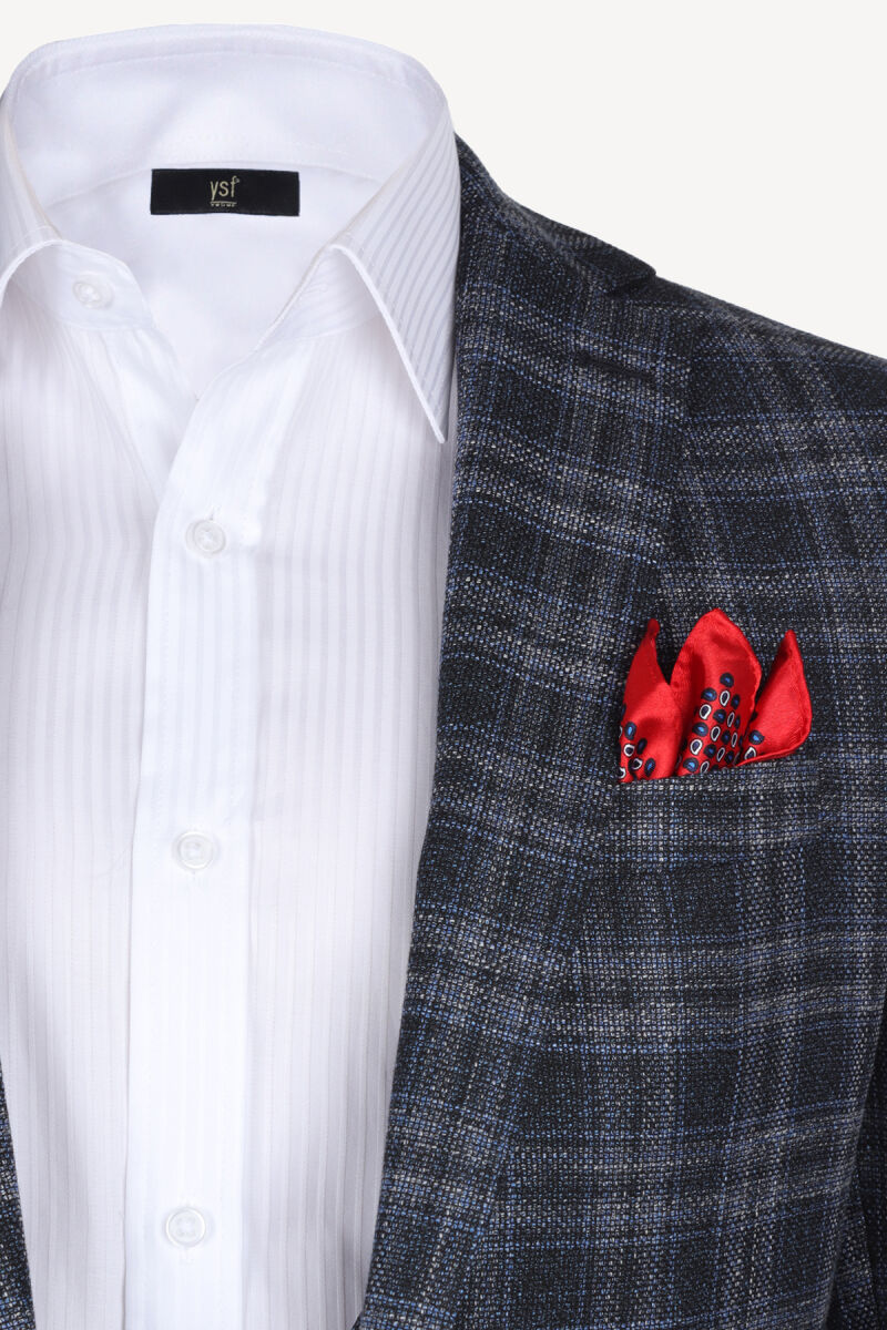 Erkek Gri Lacivert Ekose Yelekli Slim Fit Takım Elbise - 3