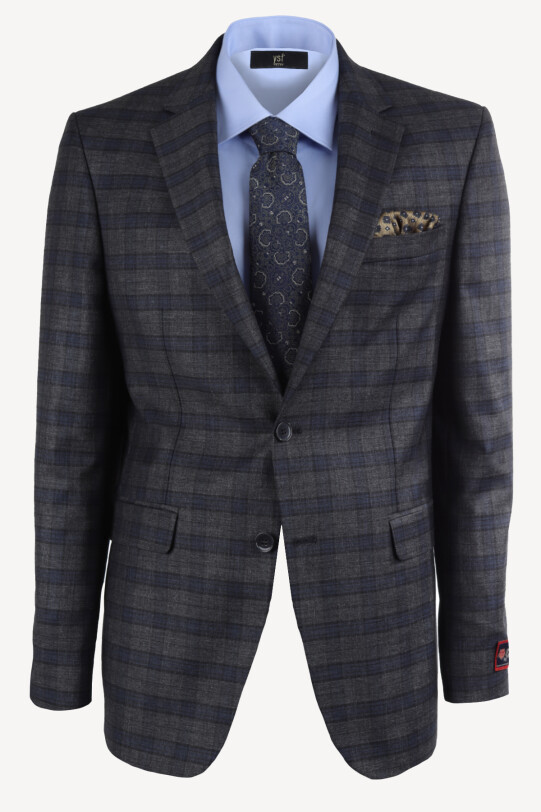 Erkek Gri Lacivert Klasik Ekose Takım Elbise