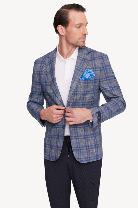 Erkek Gri Lacivert Mono Yaka Kareli Yazlık