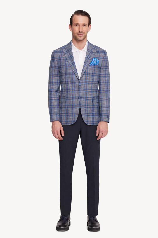 Erkek Gri Lacivert Mono Yaka Kareli Yazlık