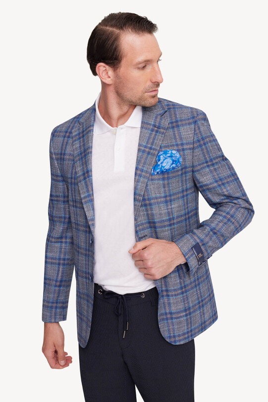 Erkek Gri Lacivert Mono Yaka Kareli Yazlık