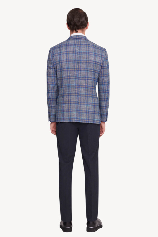 Erkek Gri Lacivert Mono Yaka Kareli Yazlık