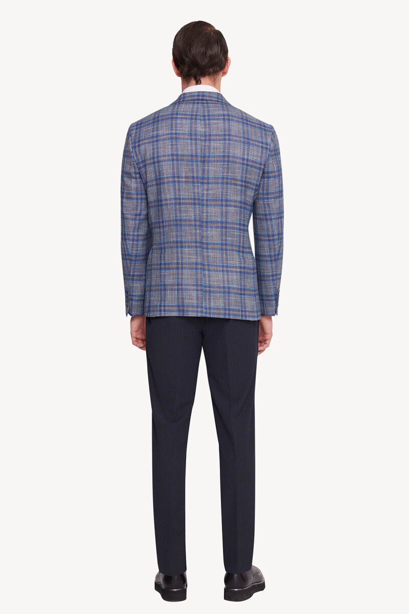 Erkek Gri Lacivert Mono Yaka Kareli Yazlık - 4