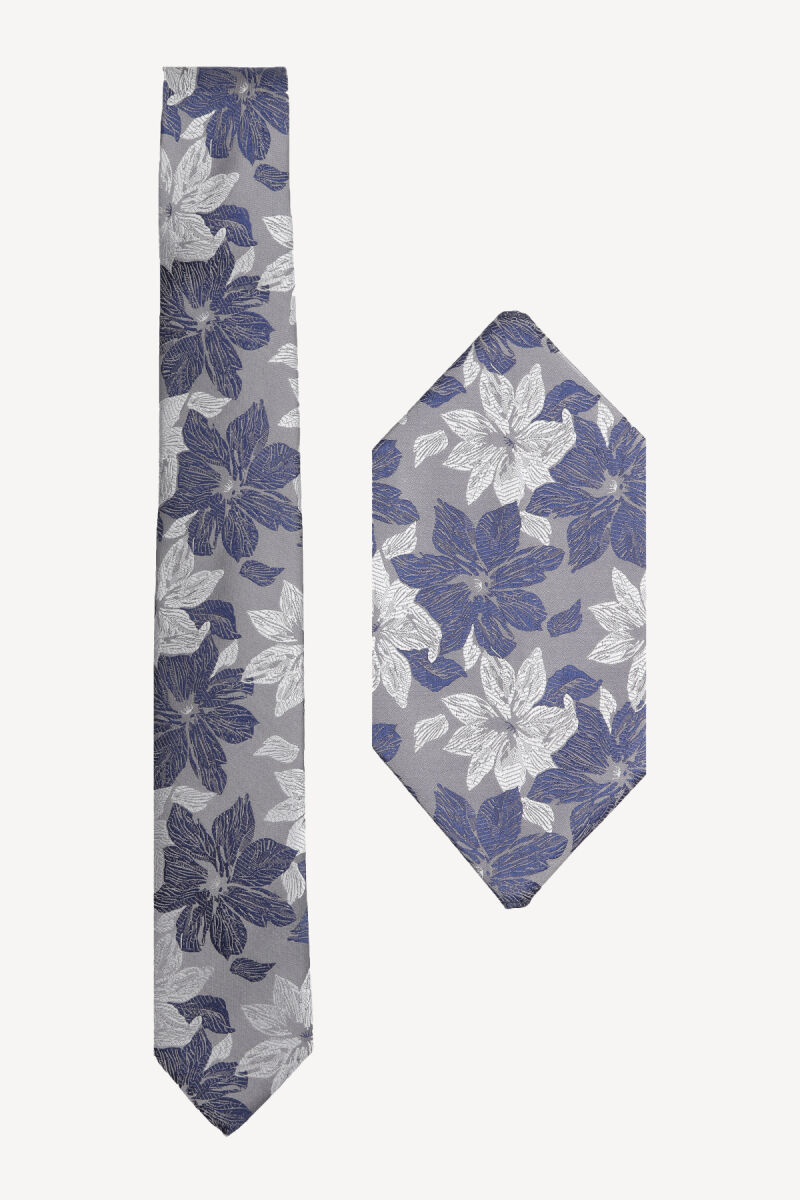 Erkek Gri Mavi Desenli Kravat Mendil Set - 1