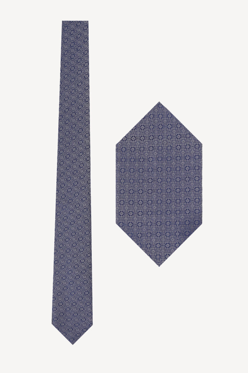 Erkek Gri Mavi Desenli Slim Kravat Mendil Set - 1