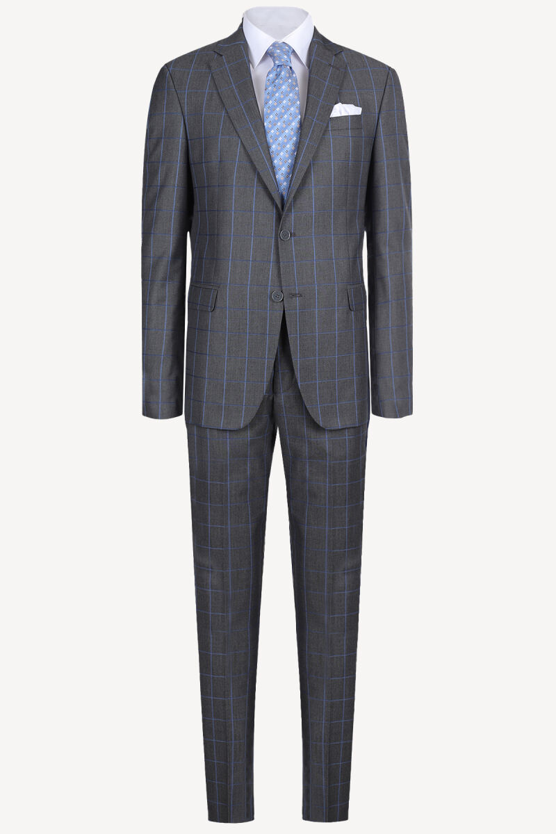 Erkek Gri Mavi Ekose Regular Fit Takım Elbise - 1