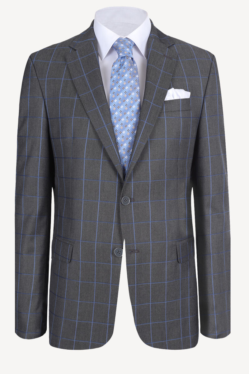 Erkek Gri Mavi Ekose Regular Fit Takım Elbise - 2