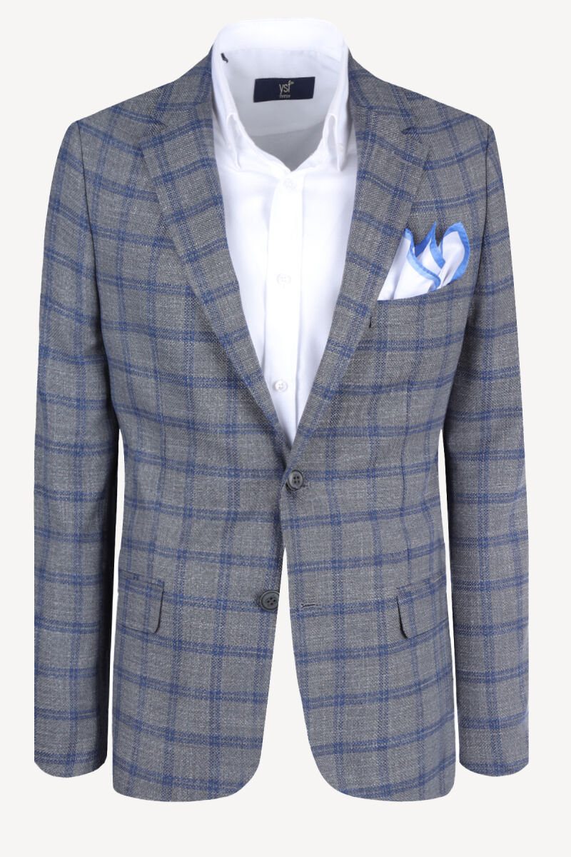 Erkek Gri Mavi Keten Kareli Klasik Ceket - 1