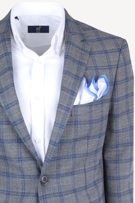 Erkek Gri Mavi Keten Kareli Klasik Ceket - YSF (1)
